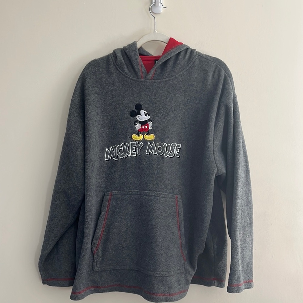 Mickey Mouse Unlimited‎ Vintage Hooded Sweatshirt Fleece L Gray Embroidered Red